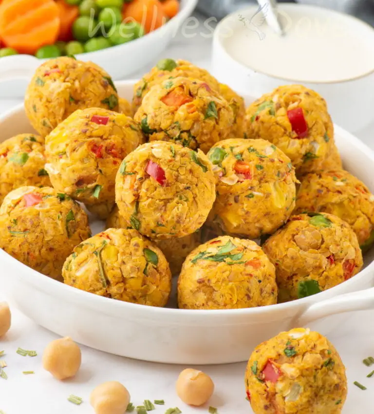 A small plate with vegan chickpea balls