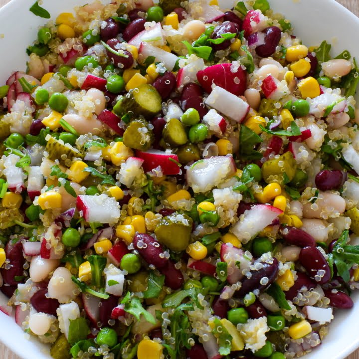 overhead photo of a large bowl of bean salad
