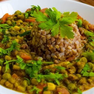 ¾ view of vegan mung bean stew