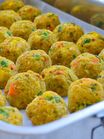 ¾ view of vegan baked chickpea balls