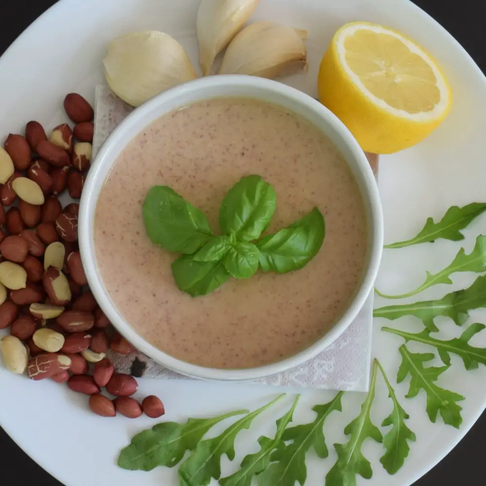 overhead photo of a bowl of peanut sauce