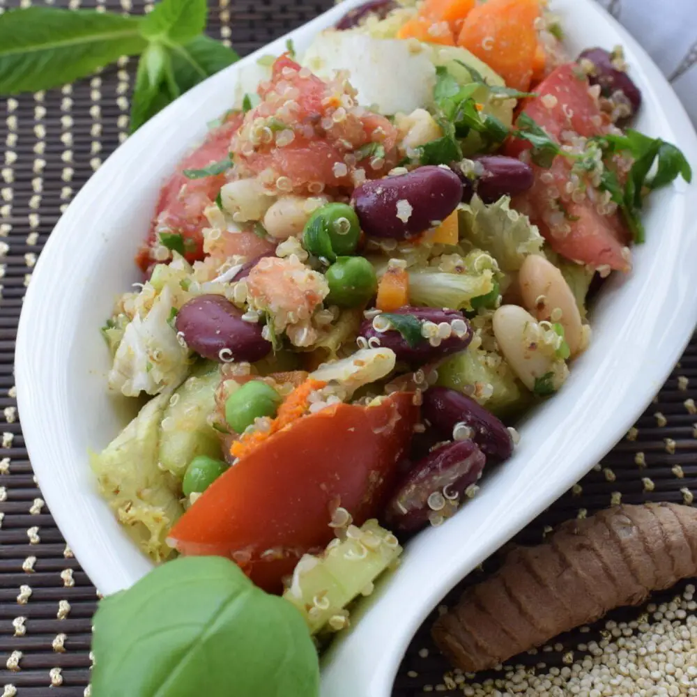 ¾ view a plate of quinoa bean salad