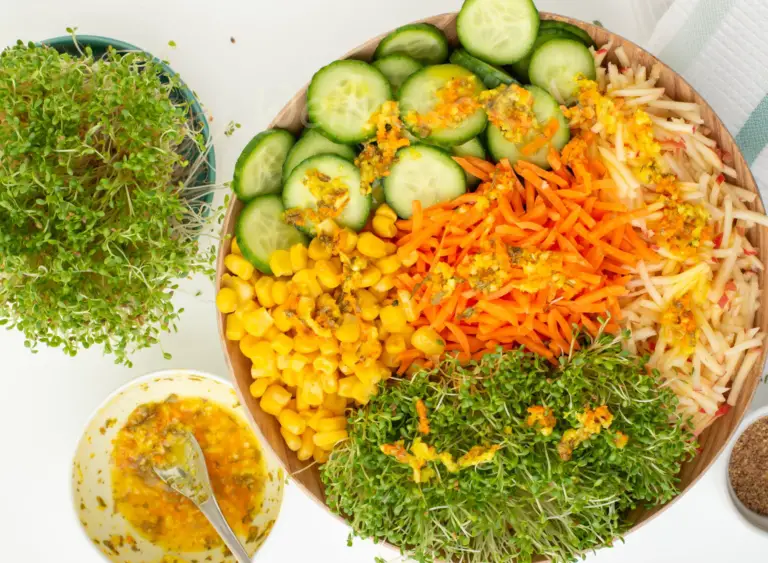 Sprout salad, dressing and sprouts, overhead