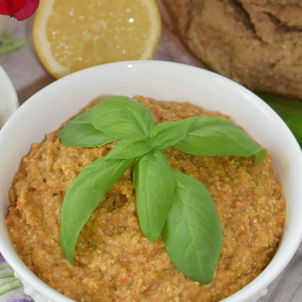 ¾ shot of vegan roasted vegetables dip