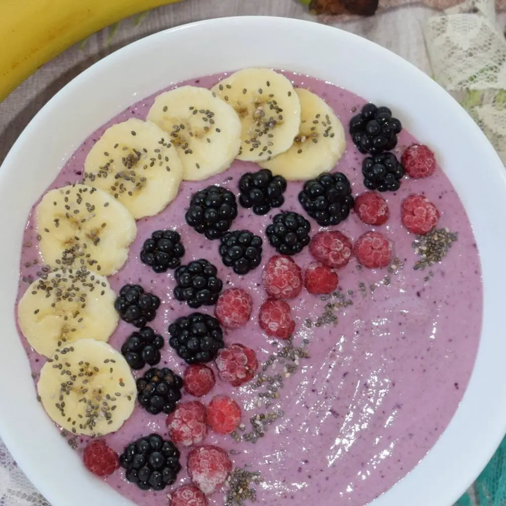 overhead shot of a bowl full of vegan oatmeal breakfast