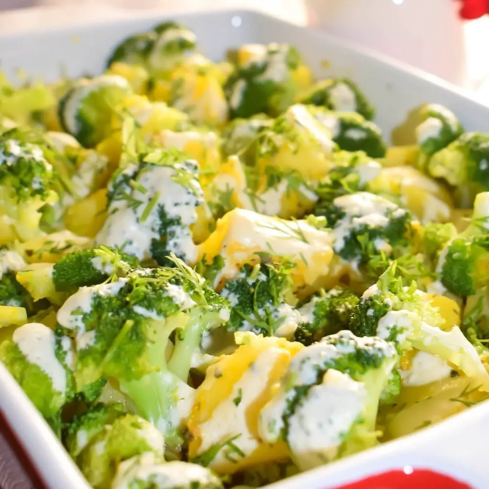 Broccoli and Potatoes Casserole dish ¾ view