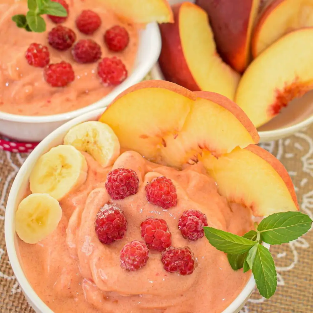 a bowl of vegan peachy sorbet ¾ view