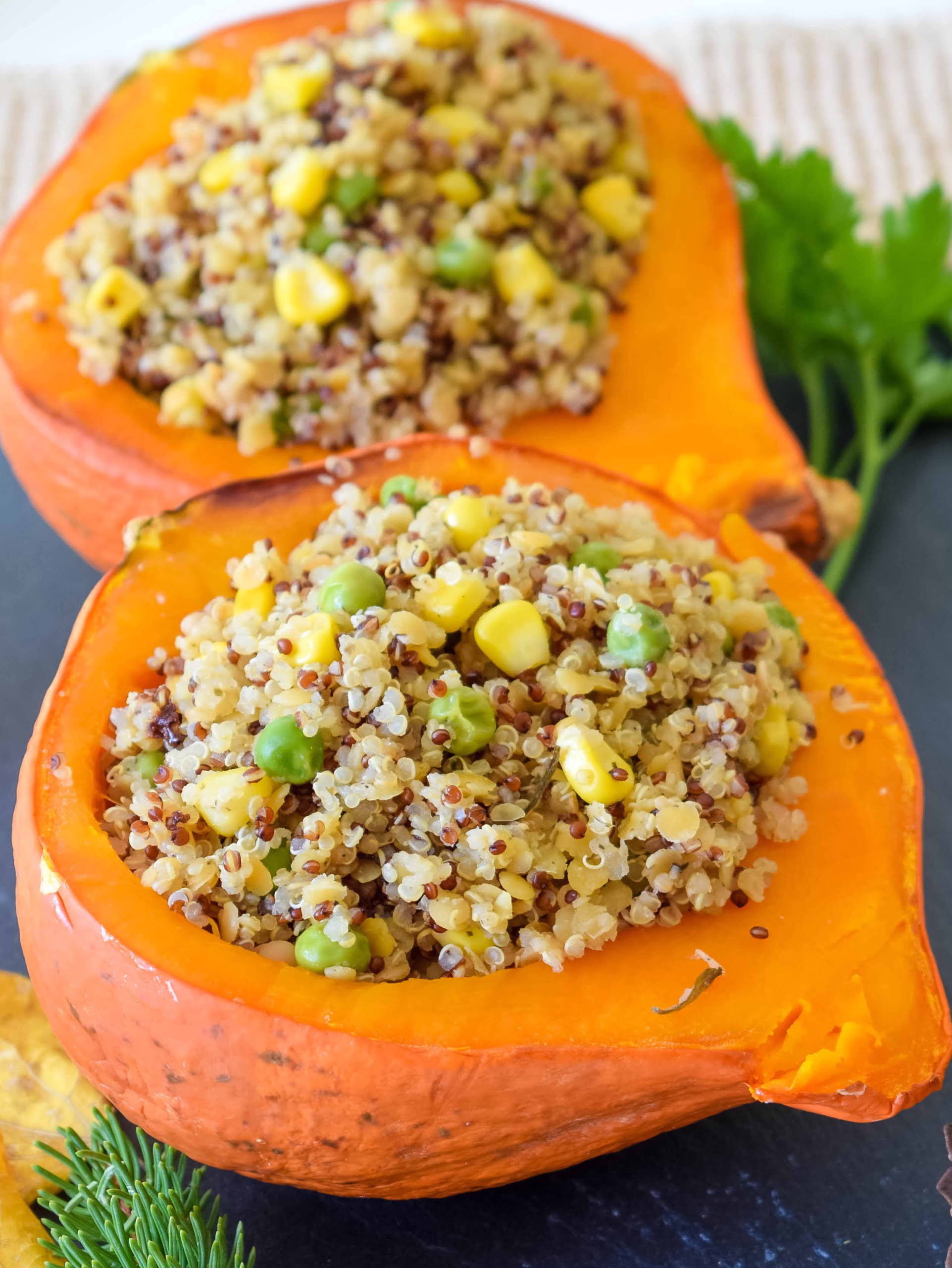 Red kuri squash stuffed with red lentils and quinoa