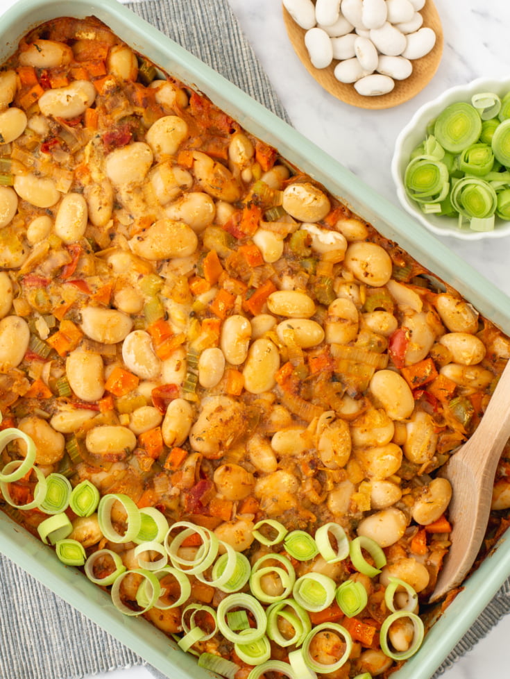 Bean and leek casserole in a baking dish