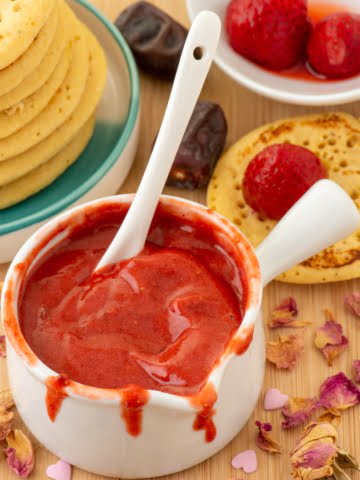 Vegan Strawberry Jam in a bowl ¾ view