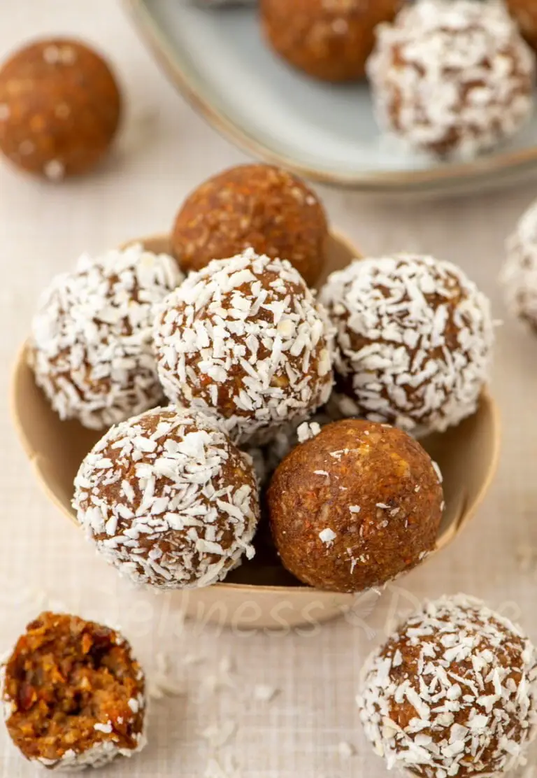 Carrot Cake Vegan Balls in a small wooden basket