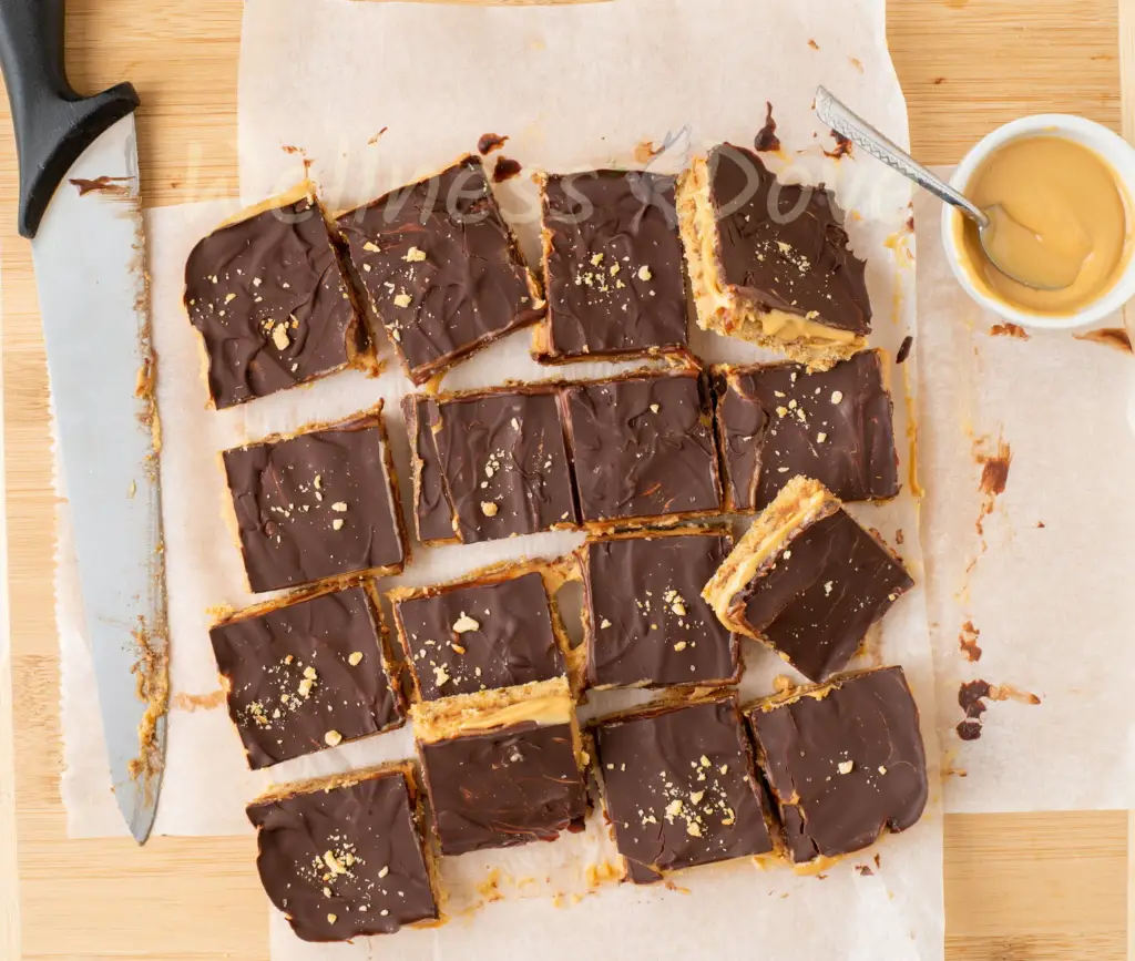 overhead view of the vegan twix bars, some on top of others