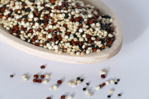 a wooden spoon with red, black and white raw quinoa