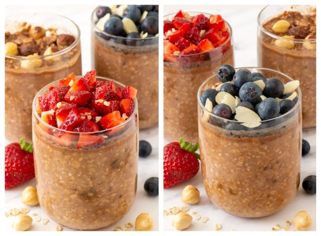 two glasses of vegan overnight oats, one with strawberries, one with blueberries