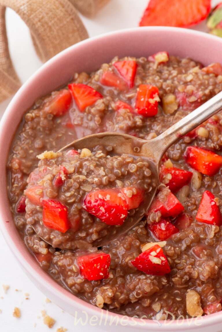 close up 3/4 view of the healthy vegan quinoa breakfast