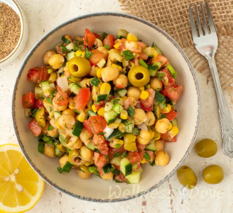 healthy vegan mediterranean chickpea salad overhead view