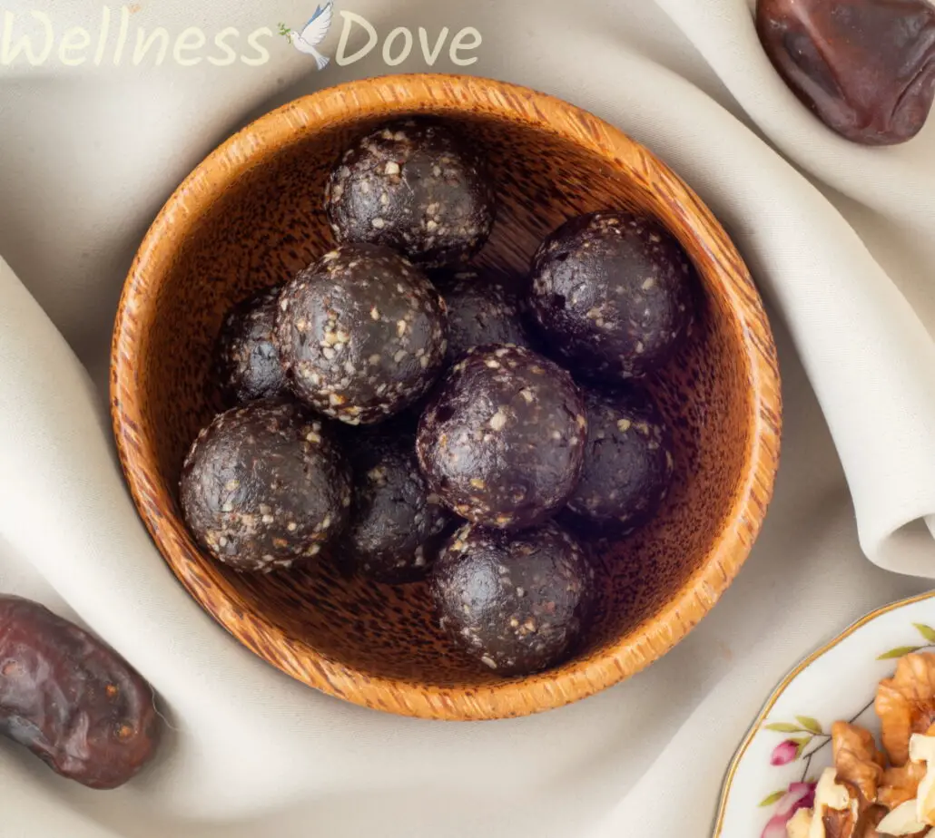 The raw vegan brownie balls, overhead view in a bowl
