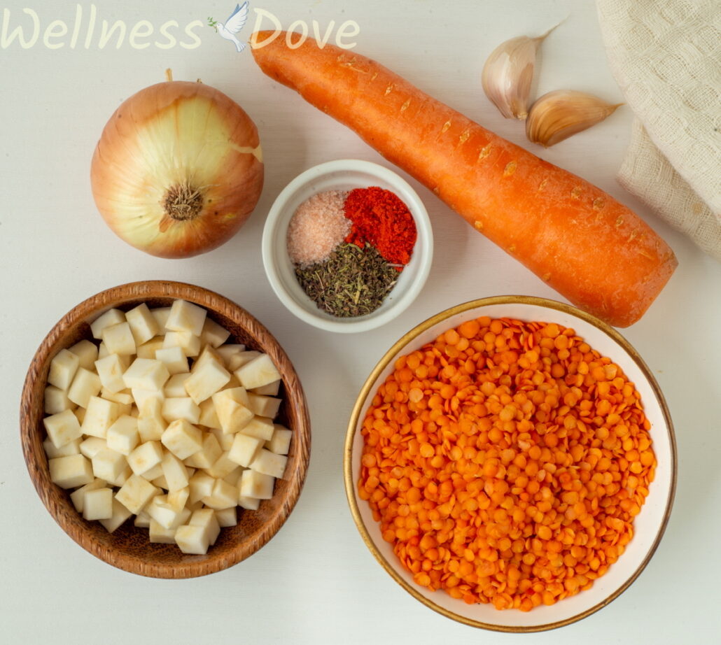 the ingredients of the easy red lentils vegan soup