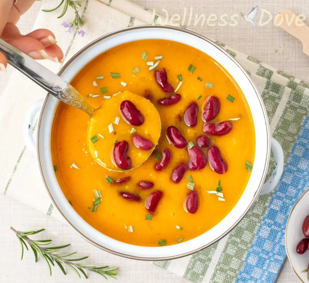 An overhead view of the easy, healthy, and creamy butternut squash vegan soup