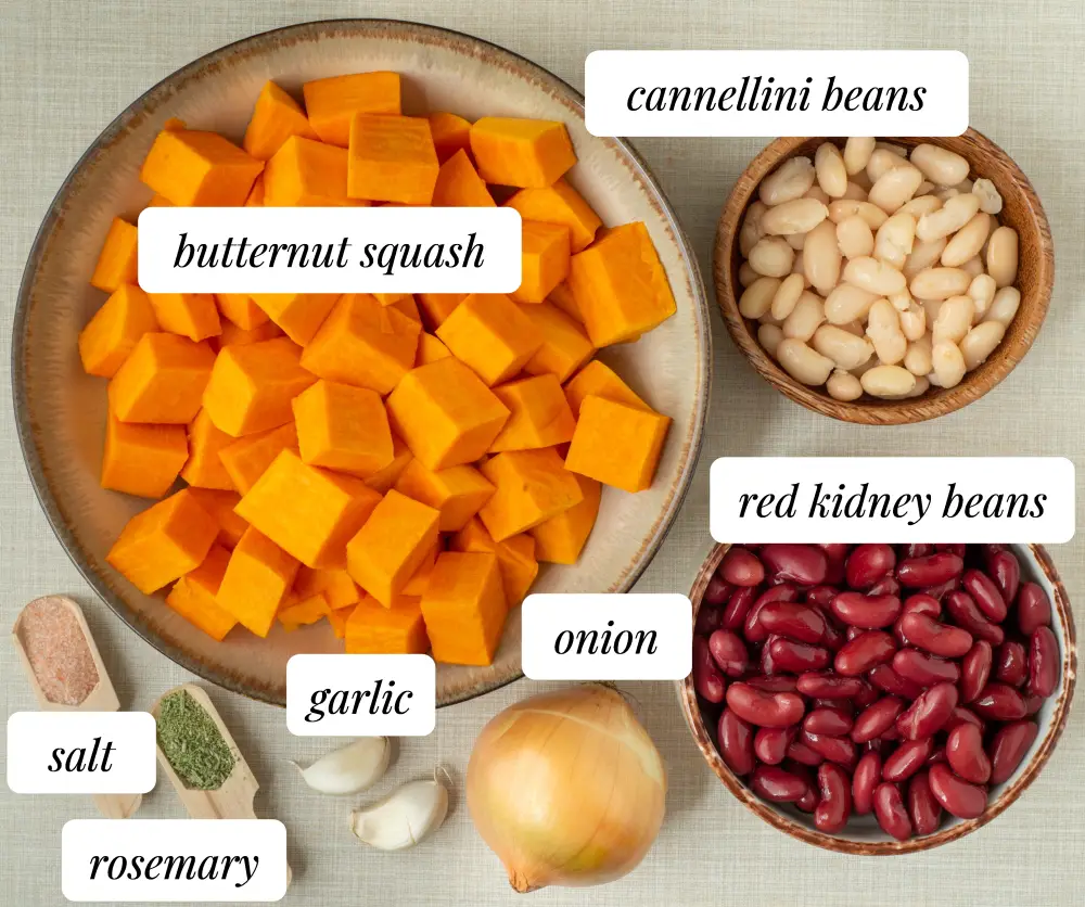 the ingredients for the easy, healthy, and creamy butternut squash vegan soup