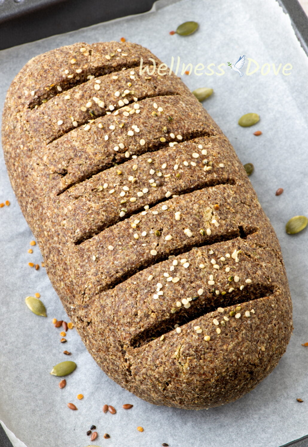 the vegan gluten free seeds bread on a baking tray