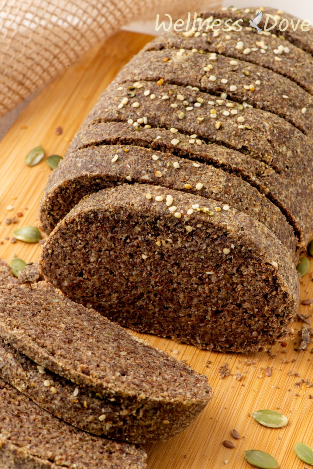 close up of the vegan gluten free seeds bread on a cutting board 