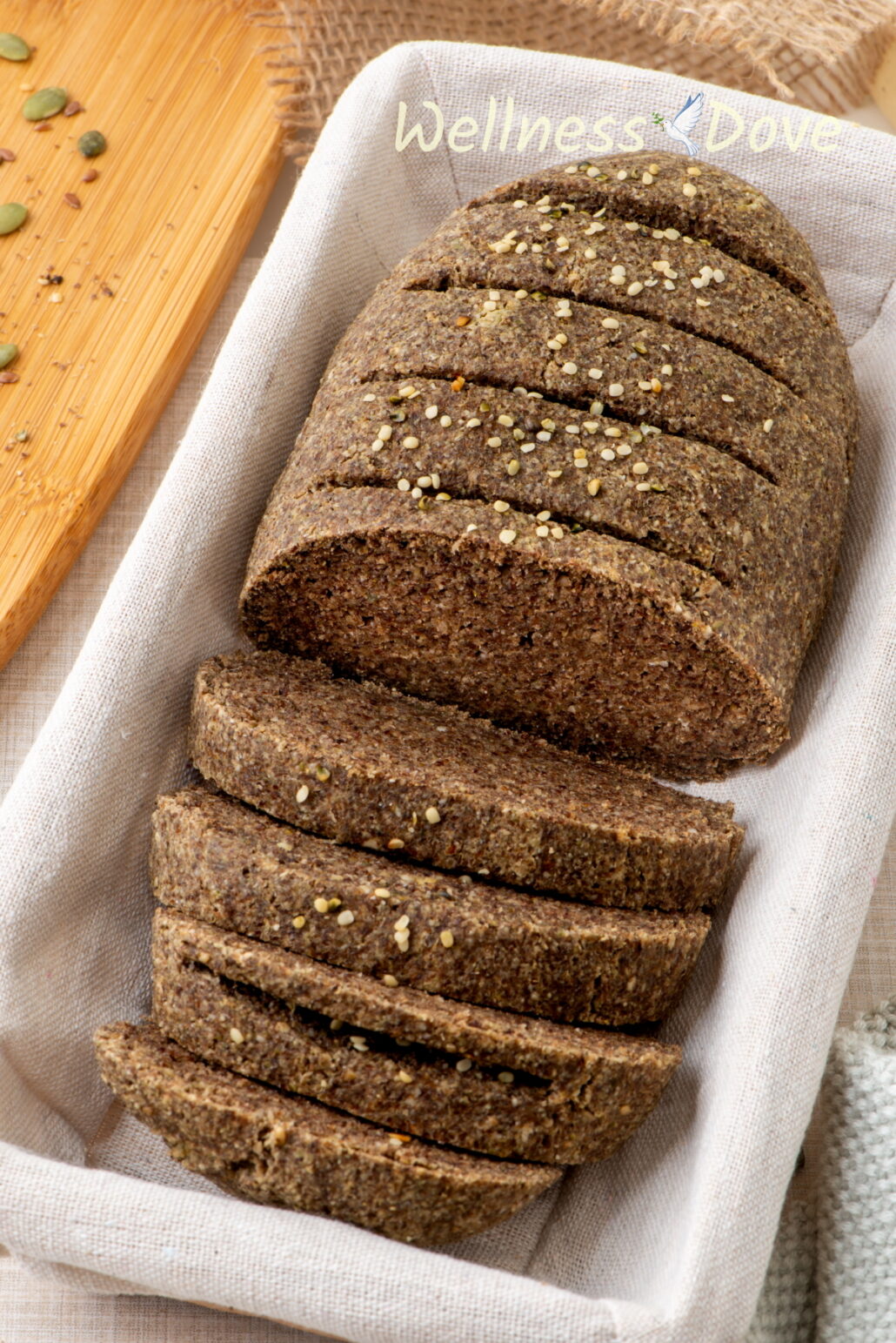 a photo of the vegan gluten free seeds bread in a basket