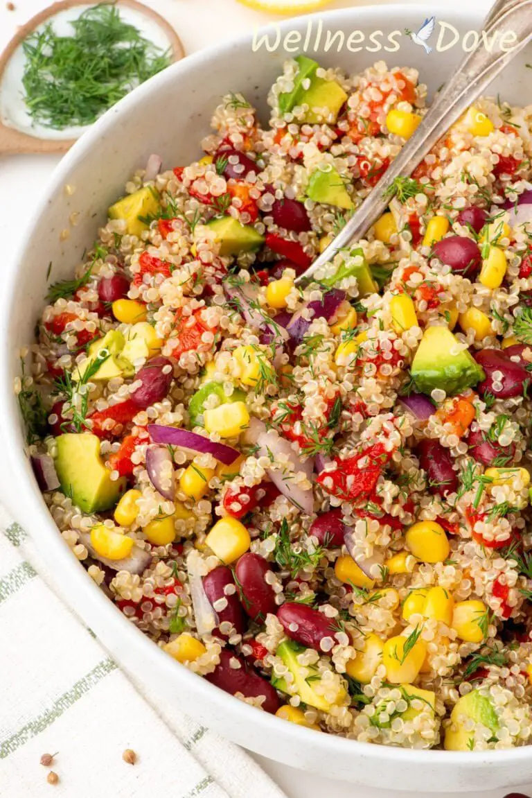 a macro shot of the vegan avocado quinoa salad 