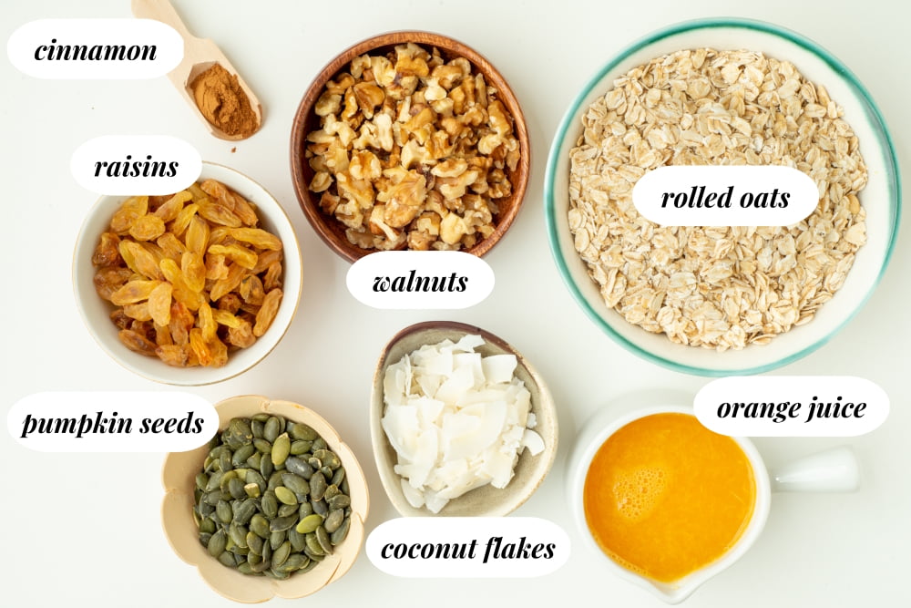 the ingredients for the homemade vegan sugar-free granola recipe