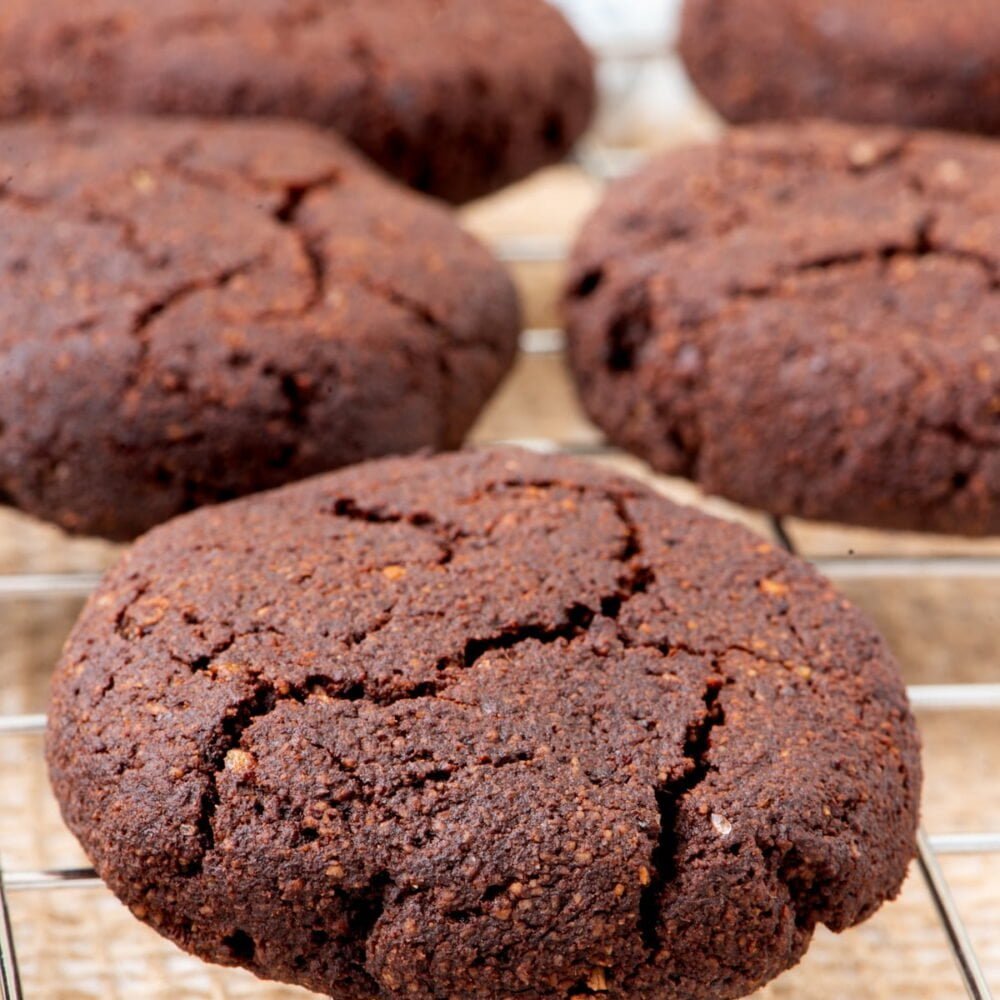 Easy Chocolate Almond Vegan Cookies close shot of a cookie