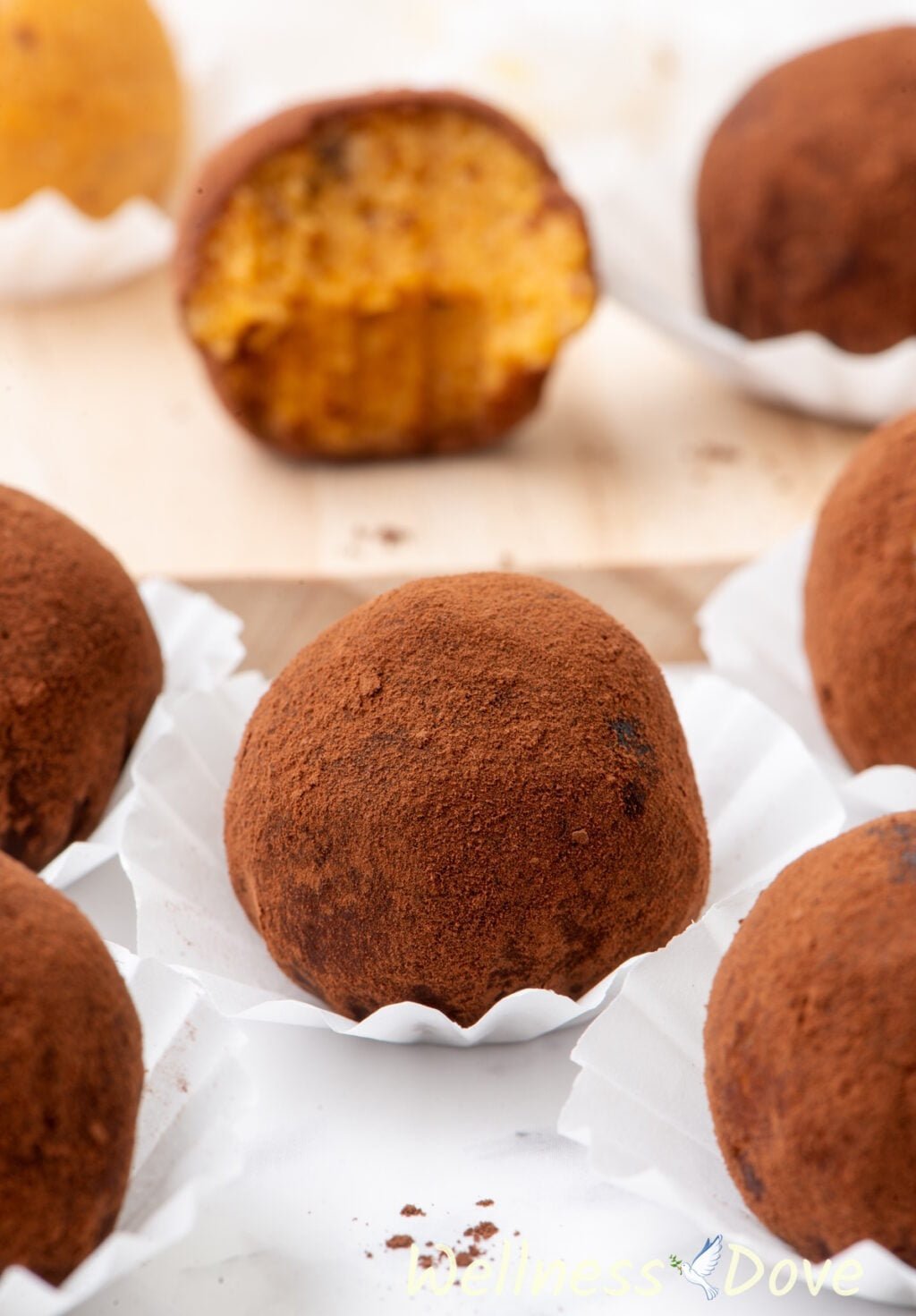 a close-up view of one of  the vegan sweet potato vegan truffles