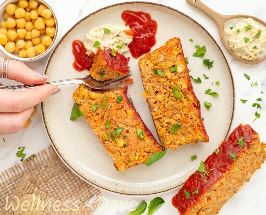 2 piece of the vegan chickpea meatloaf shot from above