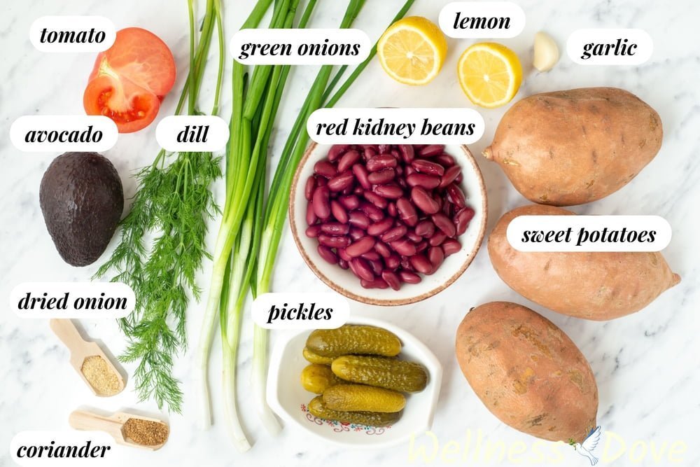 the ingredients for the bean stuffed vegan sweet potatoes