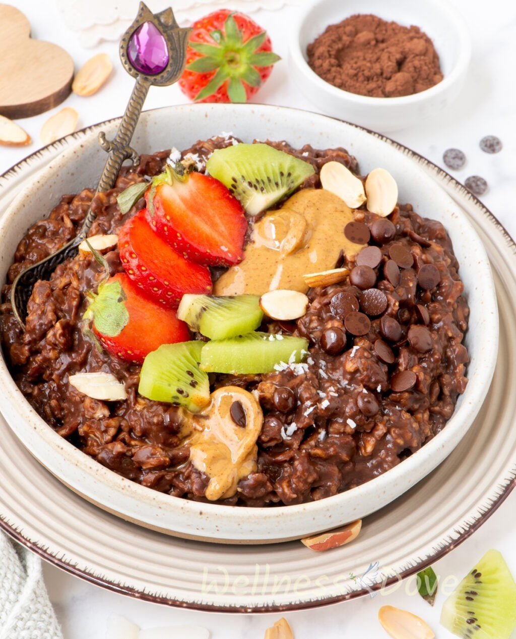 a 3/4 view of the chocolate vegan oatmeal in a shallow bowl