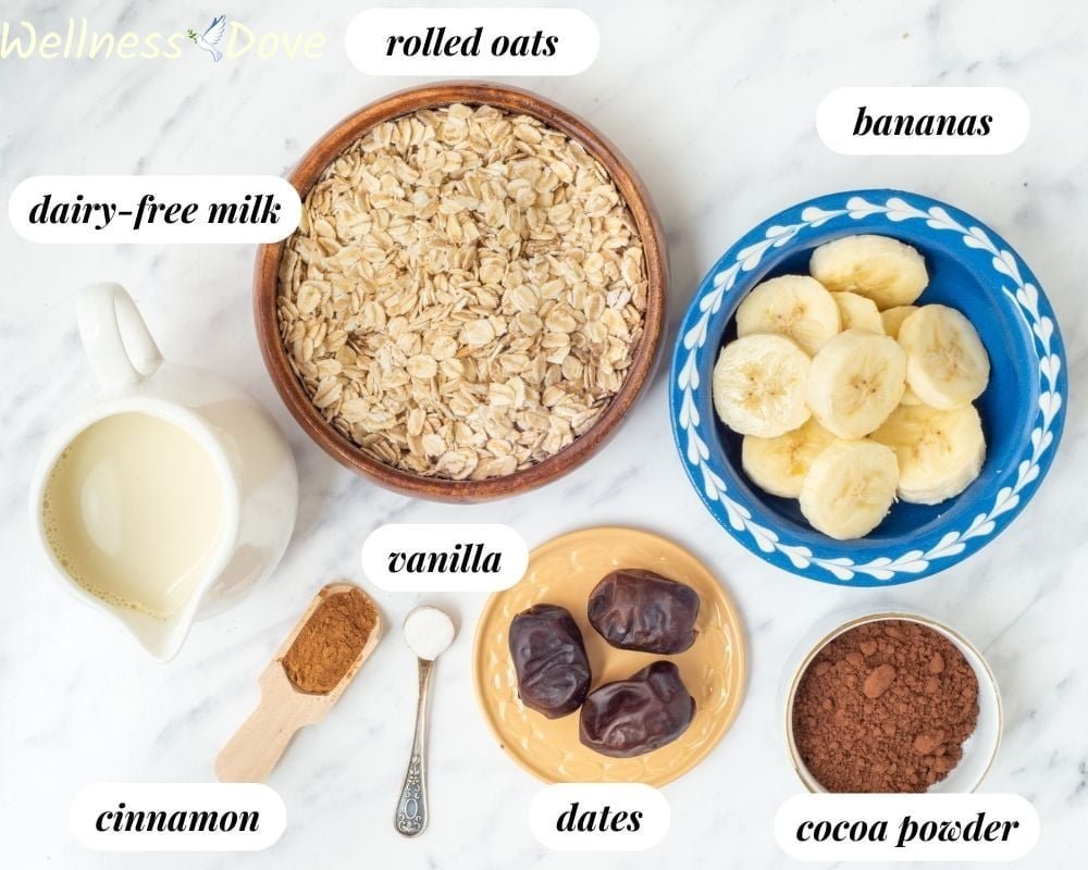 the ingredients for the chocolate vegan oatmeal