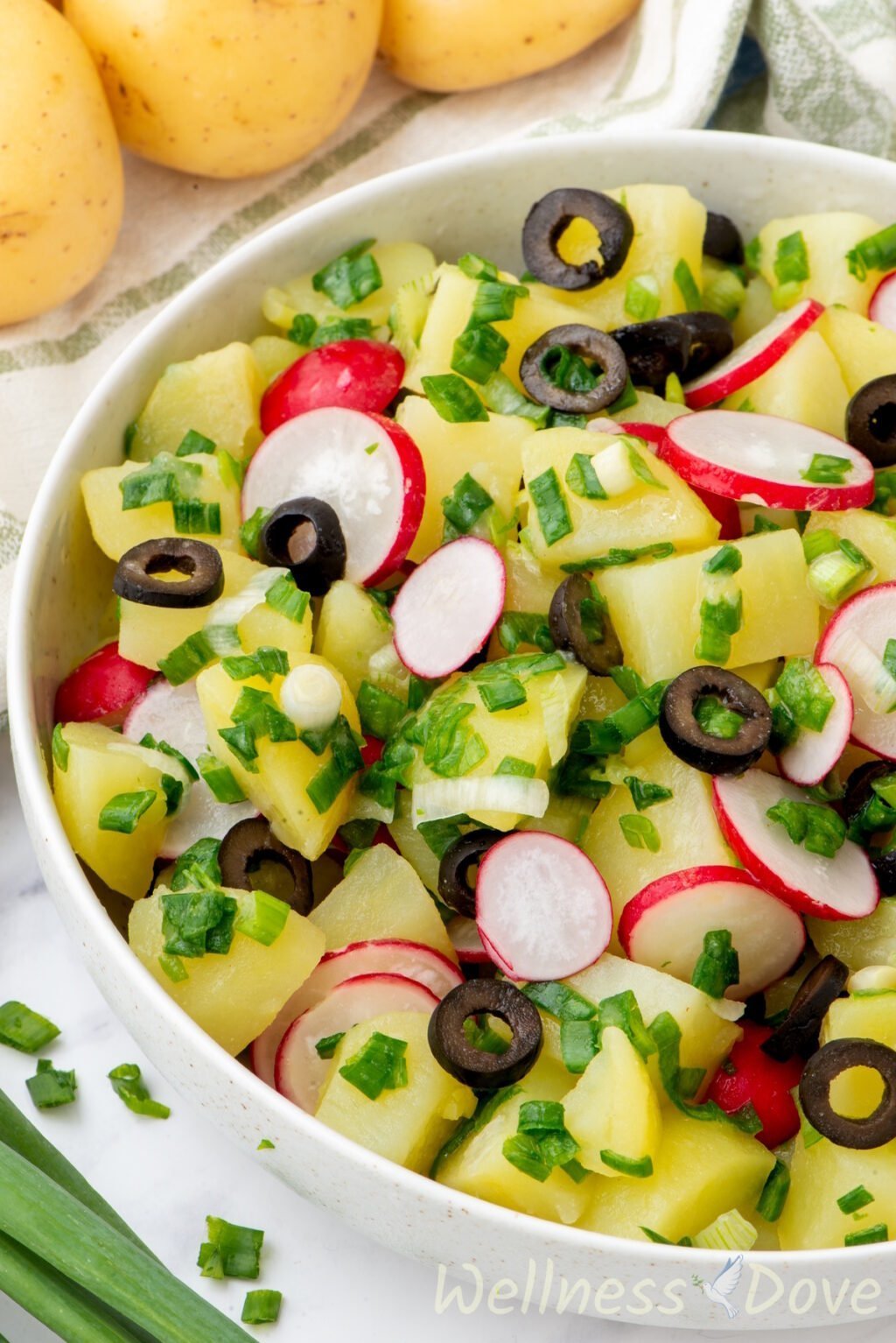 a macro shot of the vegan no mayo potato salad