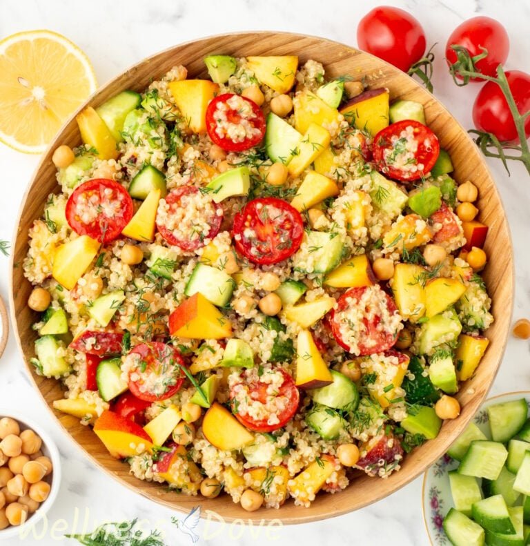 on overhead view of the chickpea quinoa vegan salad