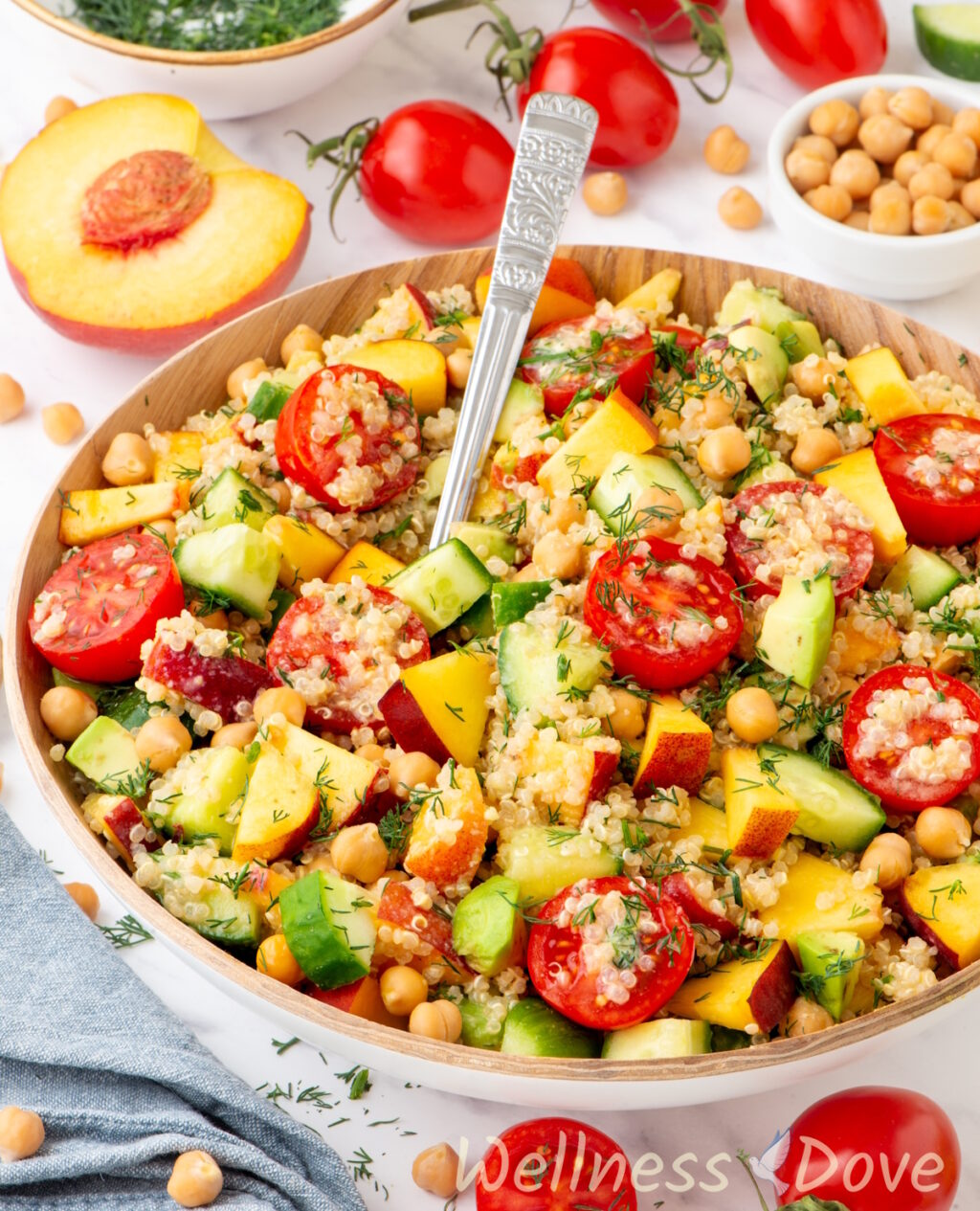 a 3/4 angle photo of the chickpea quinoa vegan salad