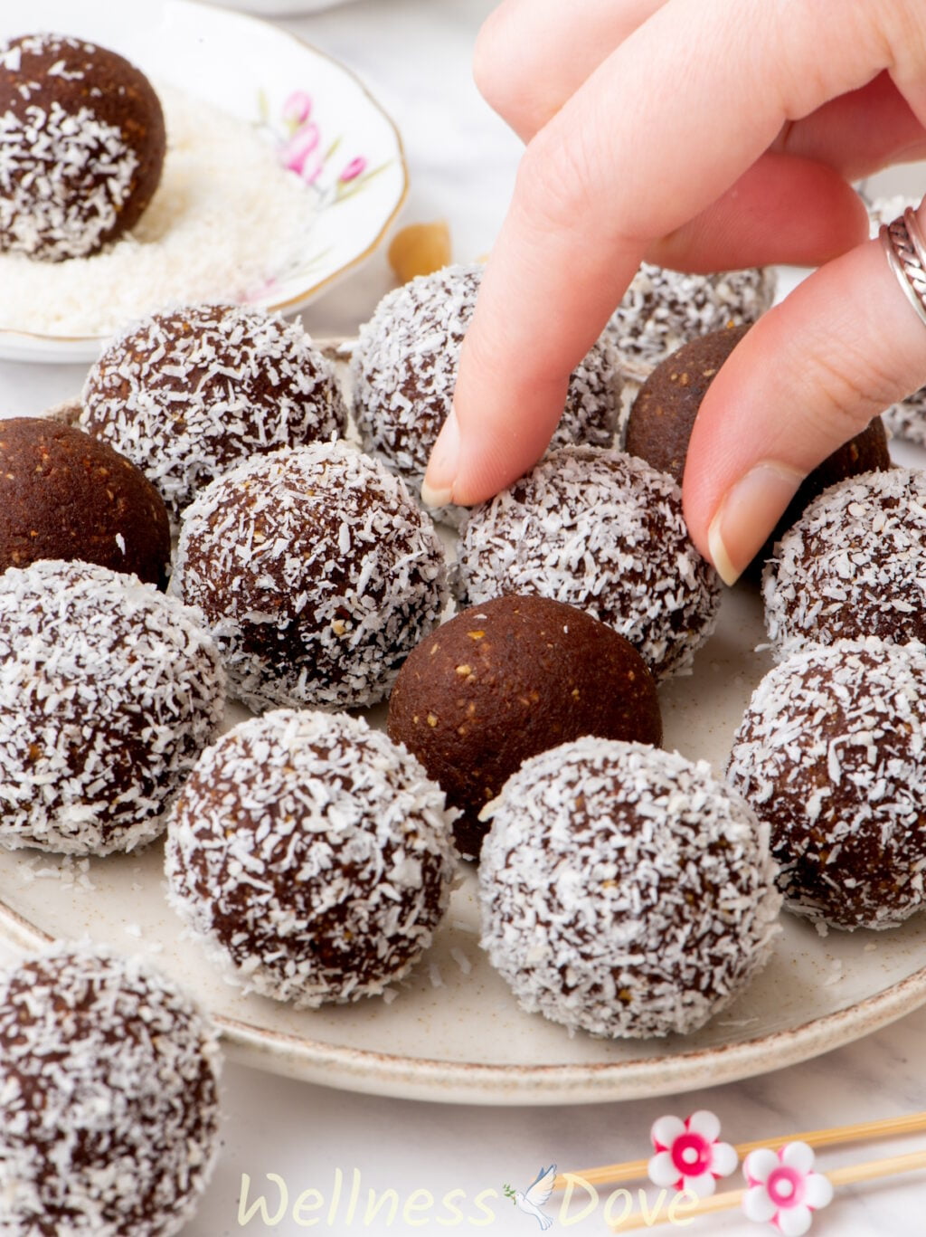 the healthy vegan chickpea energy balls in a plate and a hand is taking one out