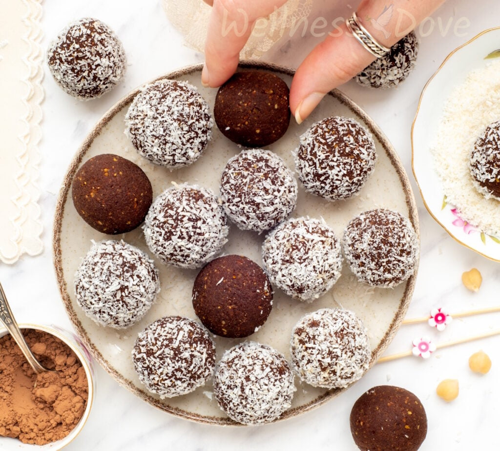 an overhead view of the healthy vegan chickpea energy balls in a large palte