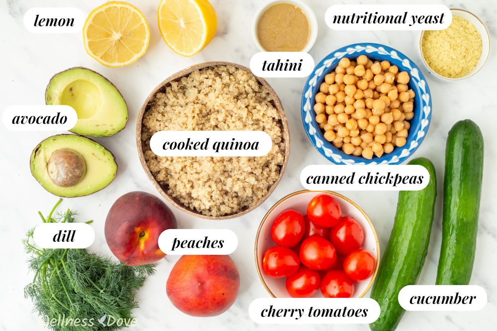the ingredients for the chickpea quinoa vegan salad