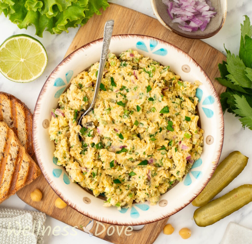 an overhead view of the  Healthy Vegan Chickpea ‘Tuna’ Salad in a bowl