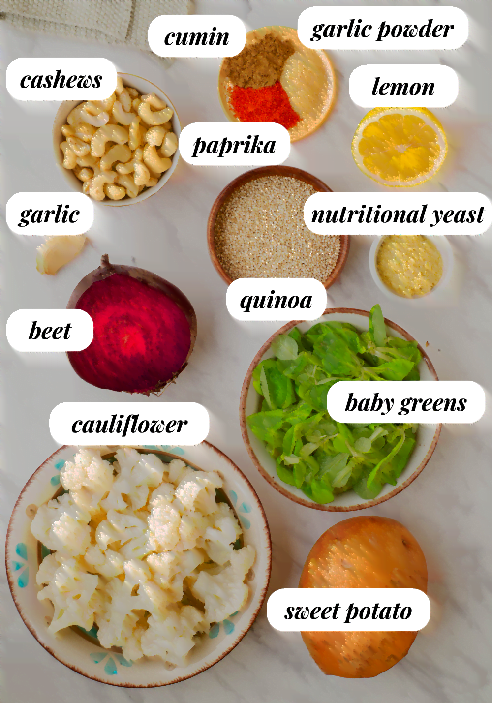 the ingredients for the Roasted Cauliflower Quinoa Beet Bowl