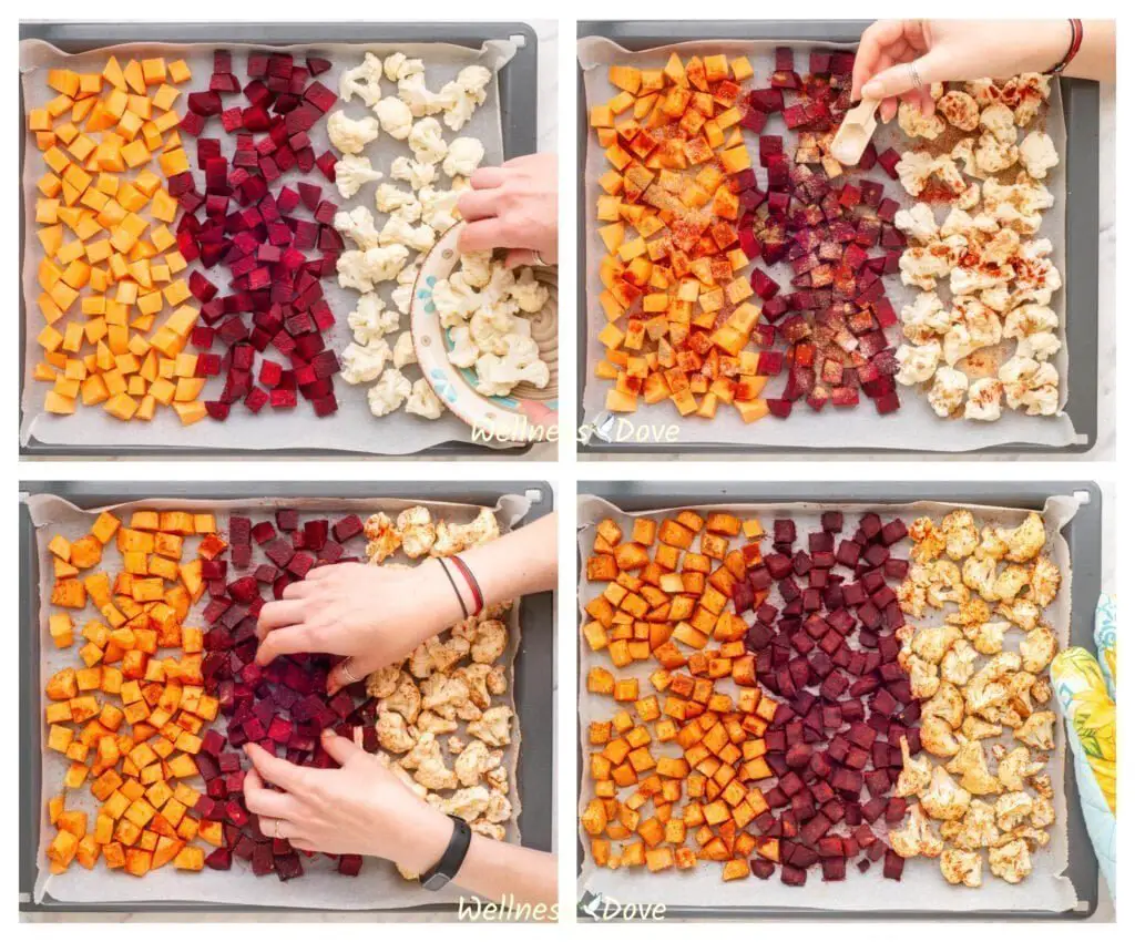 preparing the veggies for the Roasted Cauliflower Quinoa Beet Bowl