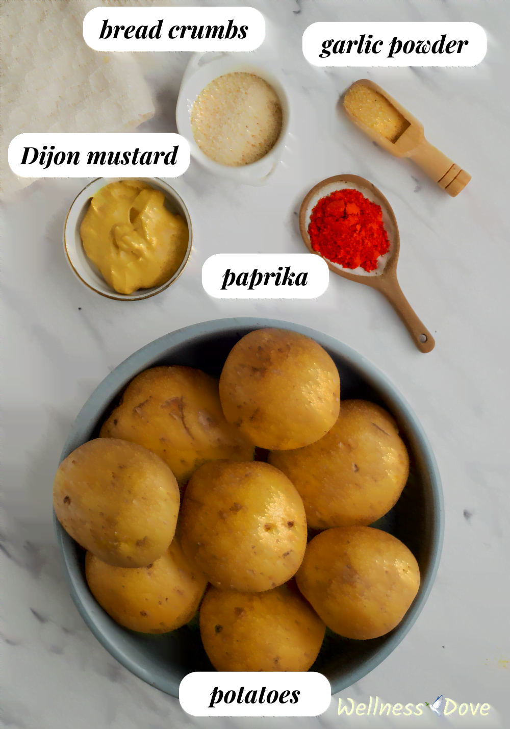 the ingredients for the Baked Mustard Potato Vegan Wedges