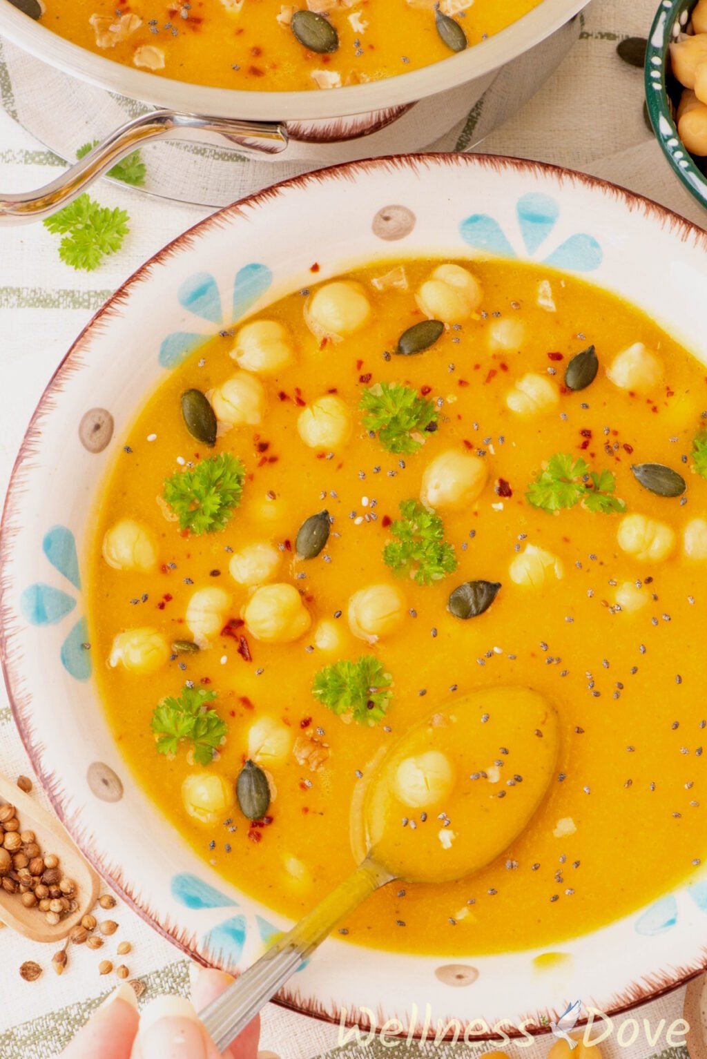 the Squash & Parsnip Vegan Soup in a bowl, short from 3/4 angle