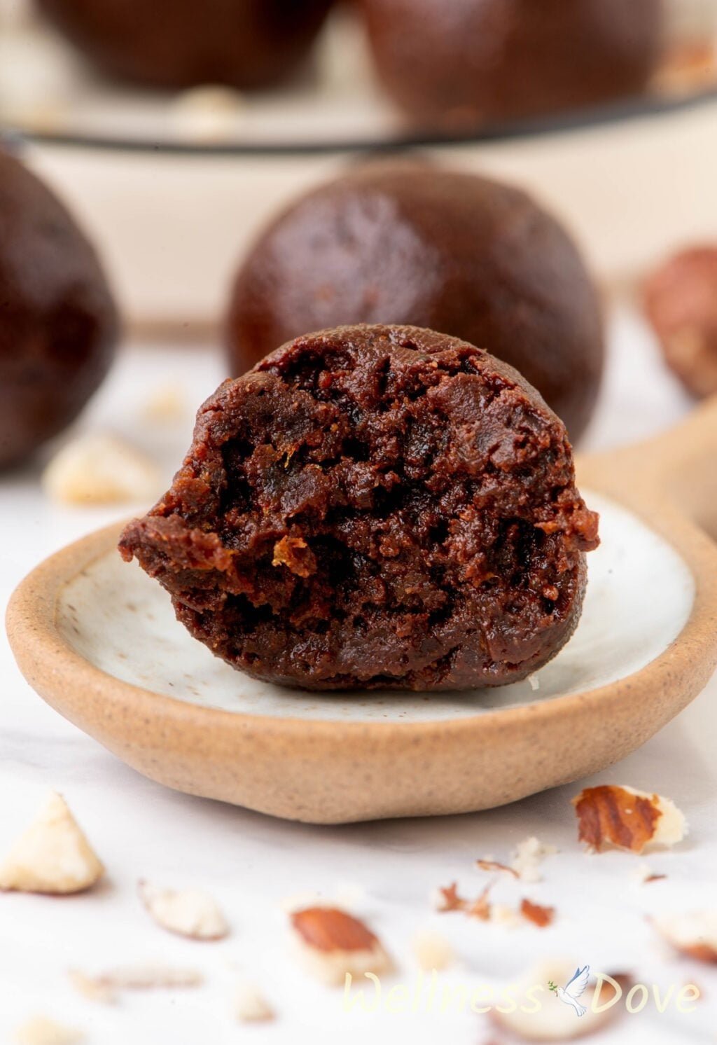 a macro photo of one of the Healthy 3-Ingredient Vegan Energy Balls