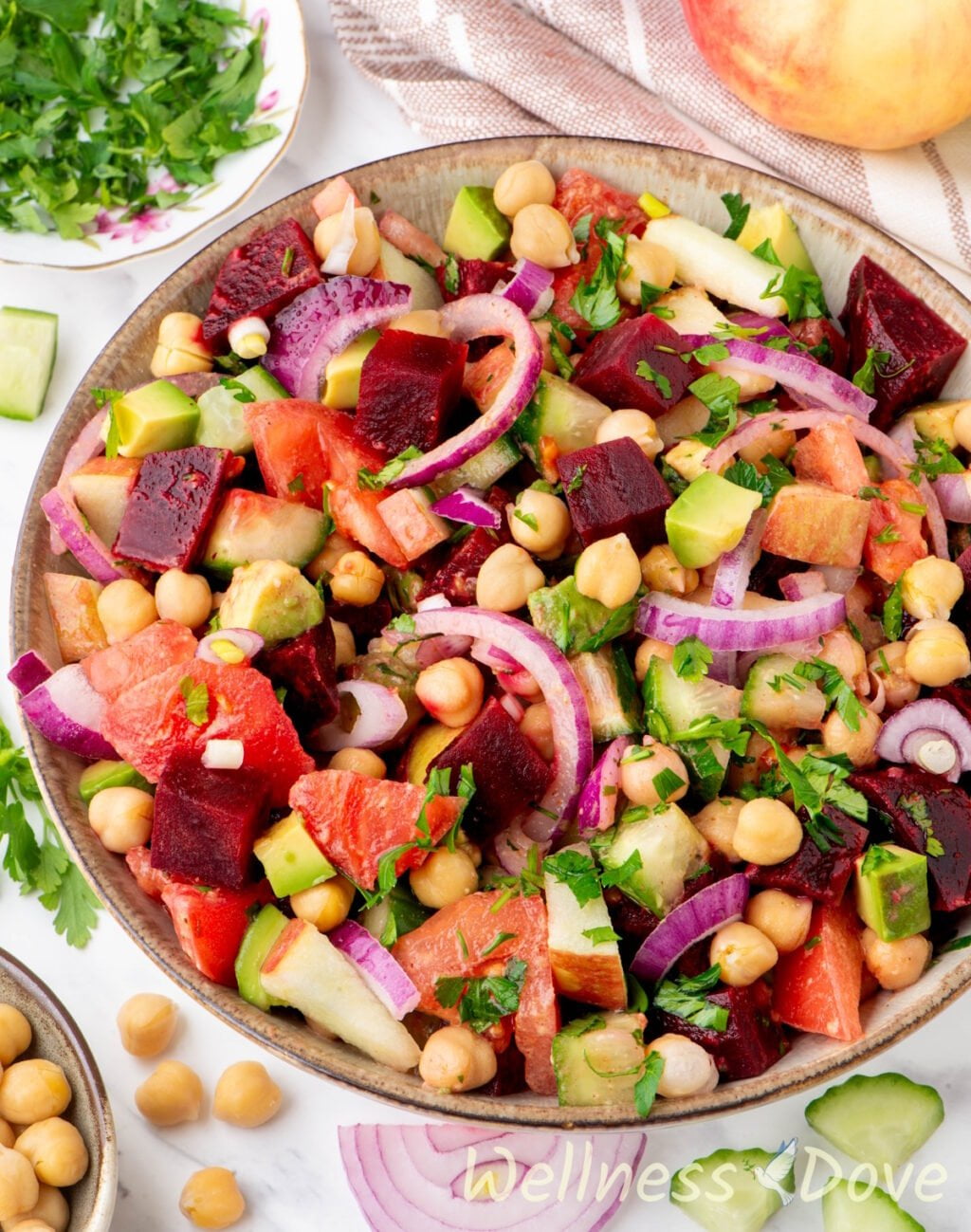 a 3/4 angle of the Easy Vegan Chickpea Beet Oil-free Salad in a bowl