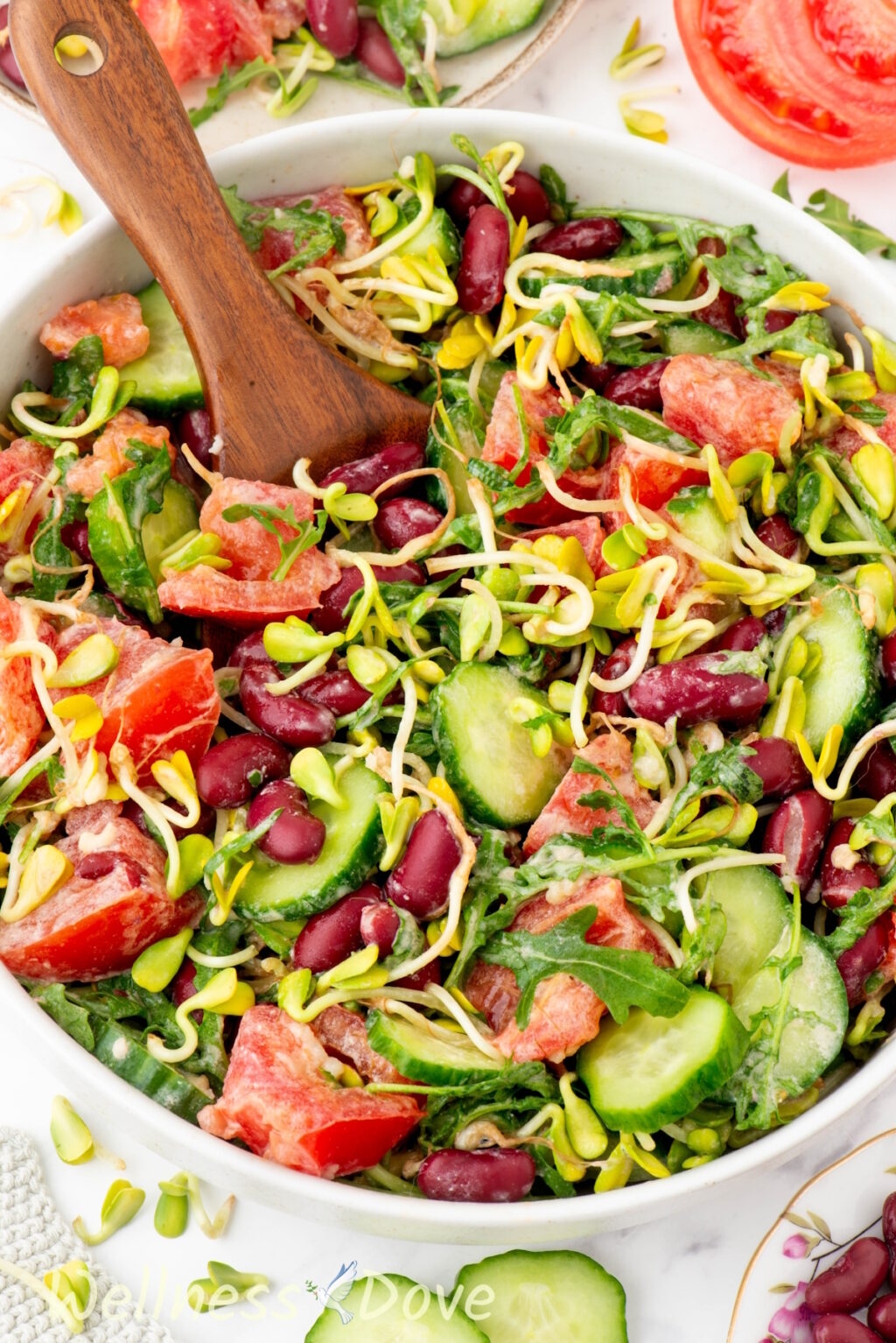a macro photo of the Arugula Sunflower Sprout Salad