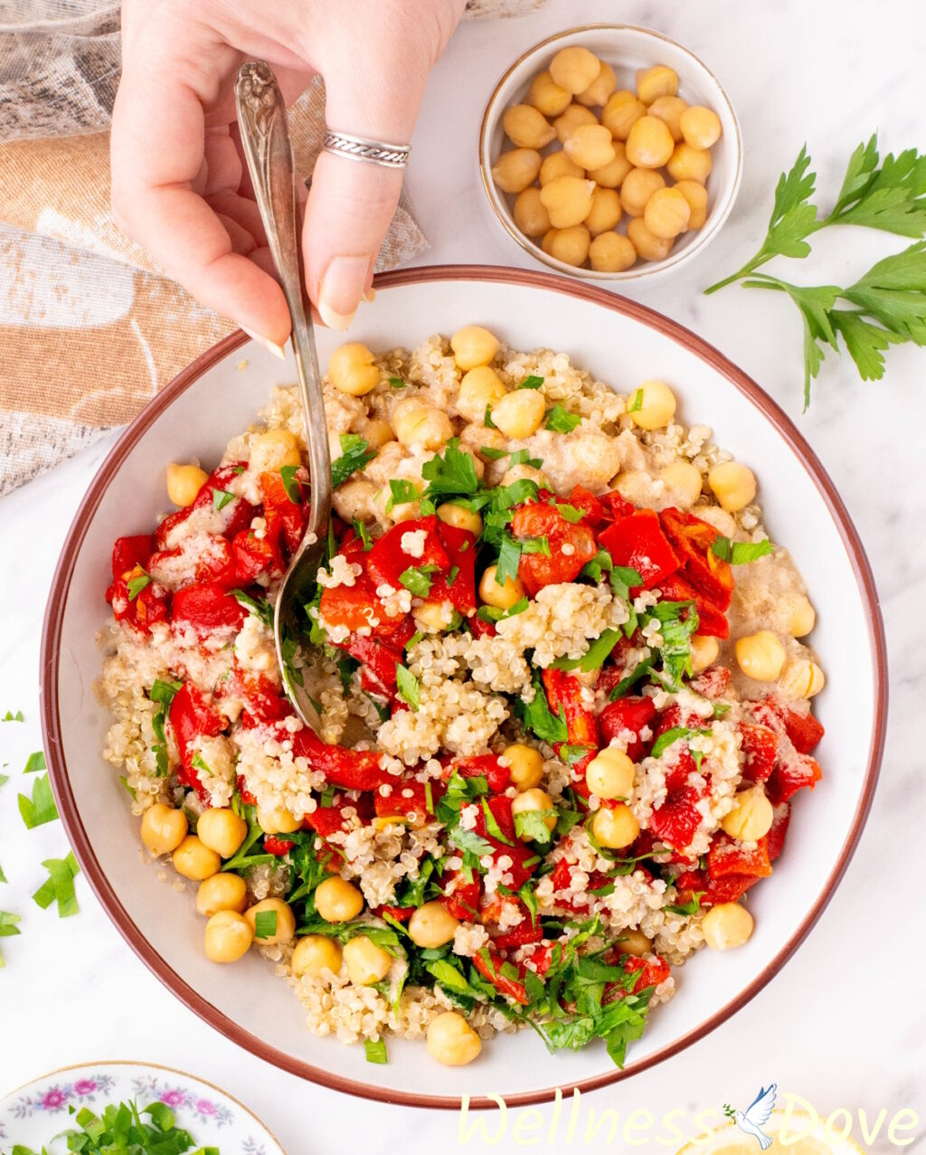 overhead photo fo the Roasted Peppers Quinoa Salad with Chickpeas in a bowl